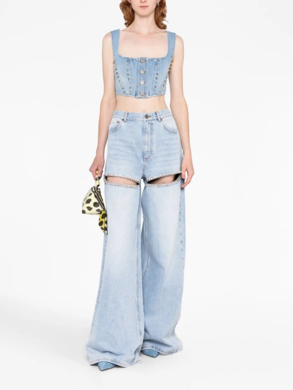 AREA Wide Leg Crystal Slit Jeans in Light Blue